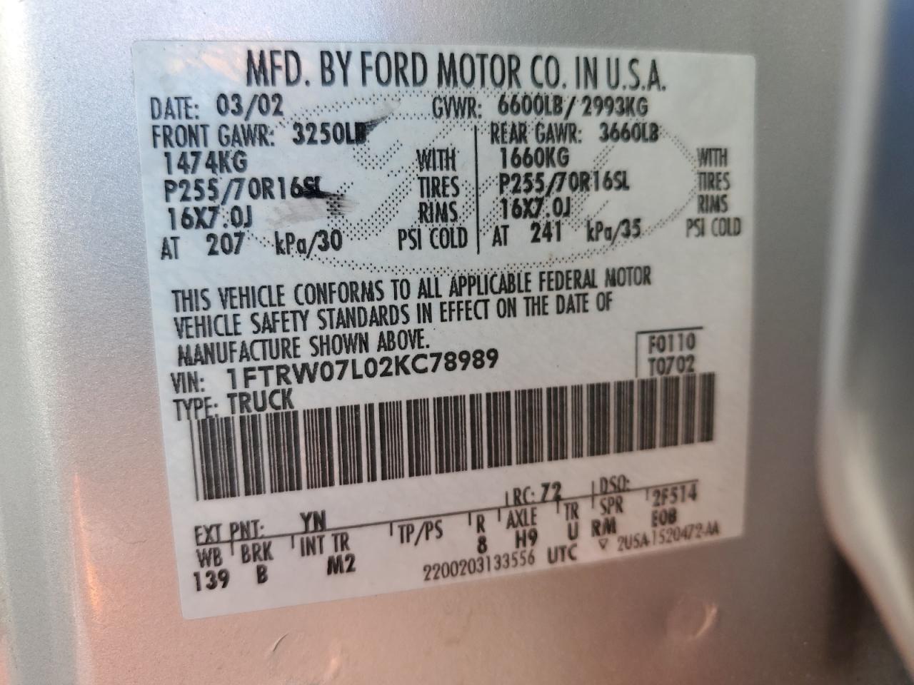 2002 Ford F150 Supercrew VIN: 1FTRW07L02KC78989 Lot: 91848875