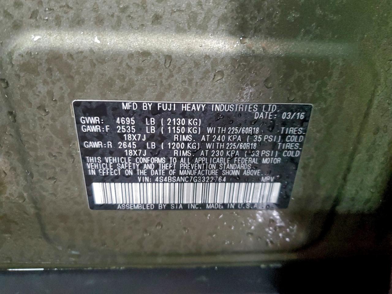 2016 Subaru Outback 2.5I Limited VIN: 4S4BSANC7G3322764 Lot: 93937025