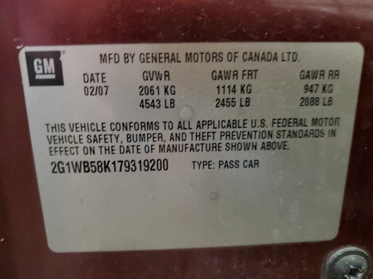 2007 Chevrolet Impala Ls VIN: 2G1WB58K179319200 Lot: 91616255