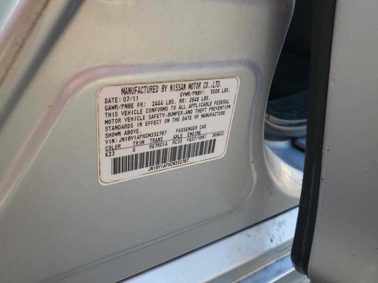 2012 Infiniti M37 VIN: JN1BY1APXCM332787 Lot: 92047815