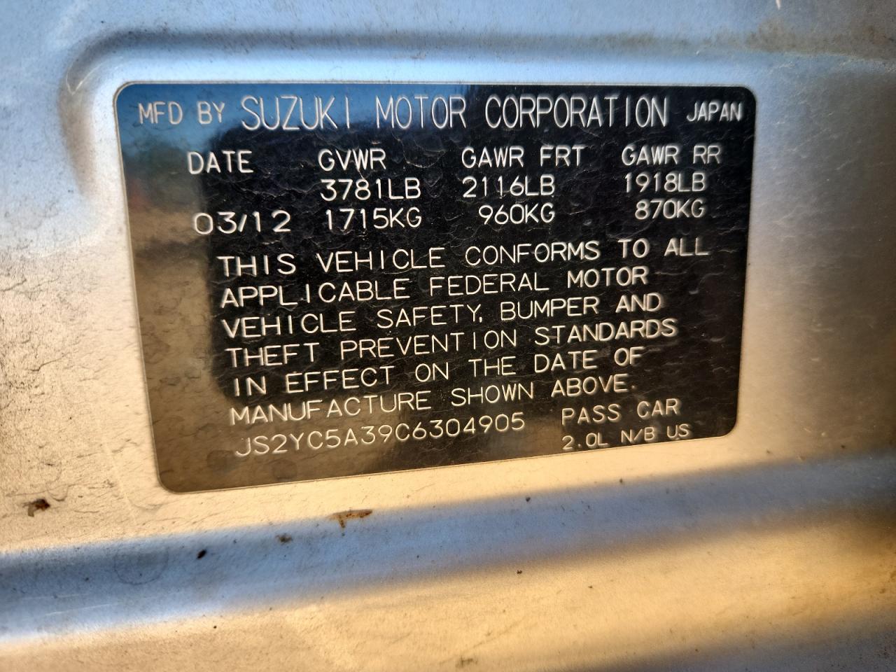 2012 Suzuki Sx4 Le VIN: JS2YC5A39C6304905 Lot: 92633455