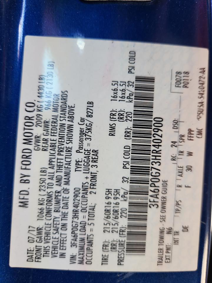 2017 Ford Fusion S VIN: 3FA6P0G73HR402900 Lot: 93270685