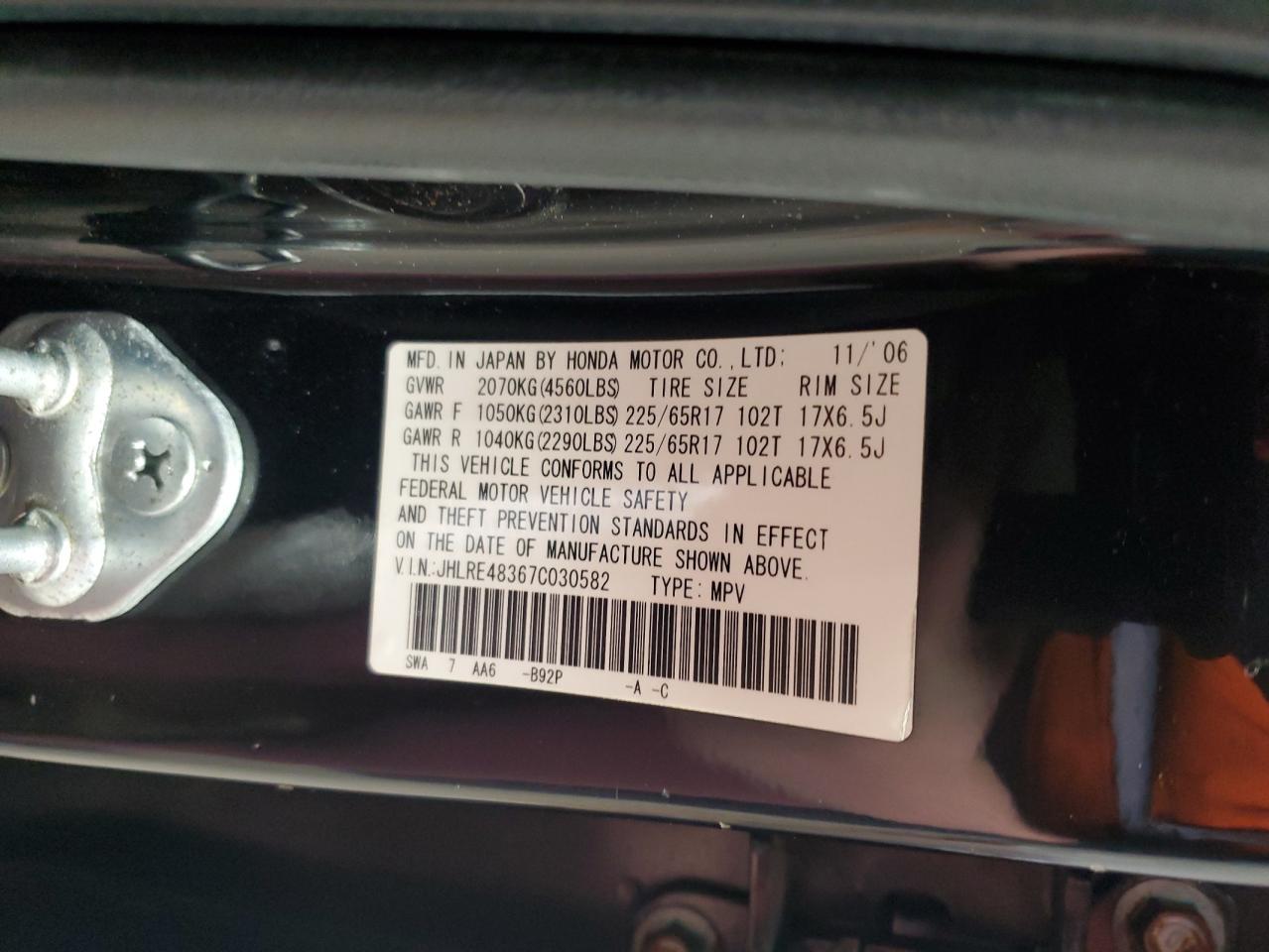 2007 Honda Cr-V Lx VIN: JHLRE48367C030582 Lot: 92057795