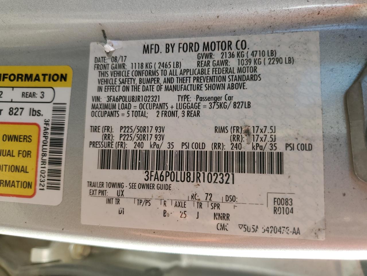2018 Ford Fusion Se Hybrid VIN: 3FA6P0LU8JR102321 Lot: 93483665
