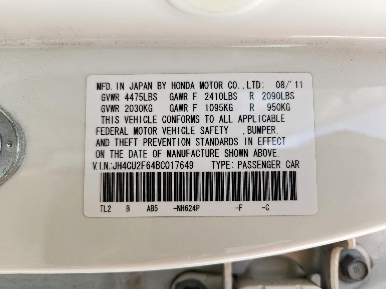 2011 Acura Tsx VIN: JH4CU2F64BC017649 Lot: 93314485