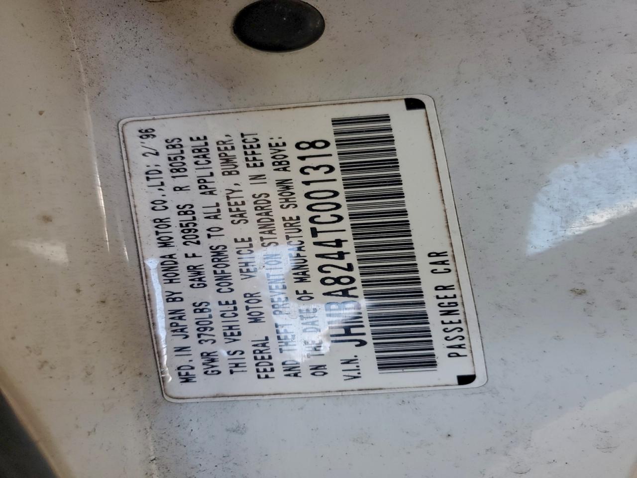 1996 Honda Prelude S VIN: JHMBA8244TC001318 Lot: 94281625