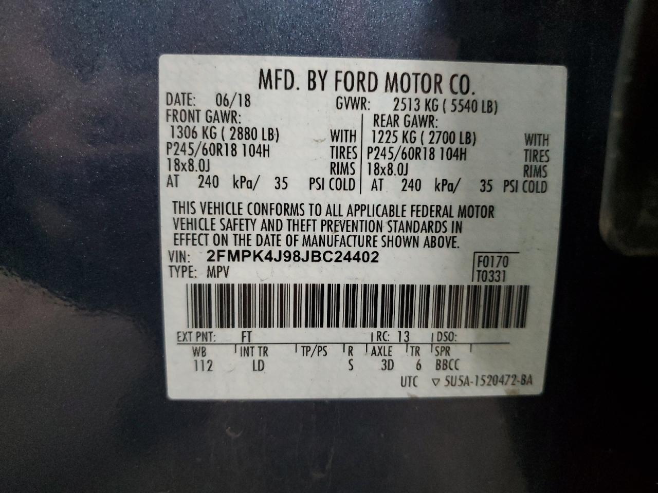 2018 Ford Edge Sel VIN: 2FMPK4J98JBC24402 Lot: 93280055