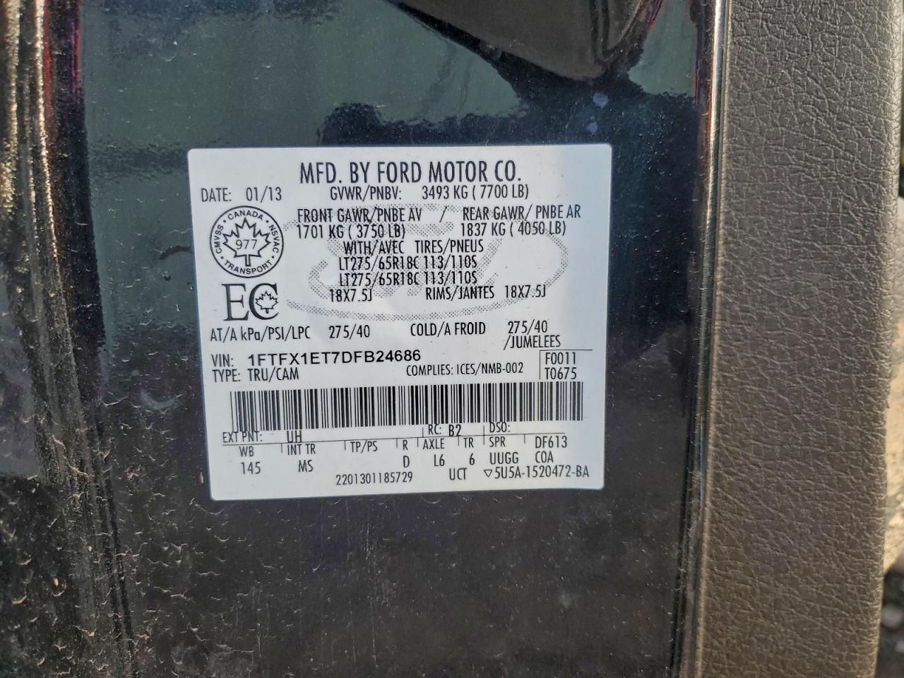 2013 Ford F150 Super Cab VIN: 1FTFX1ET7DFB24686 Lot: 94069305