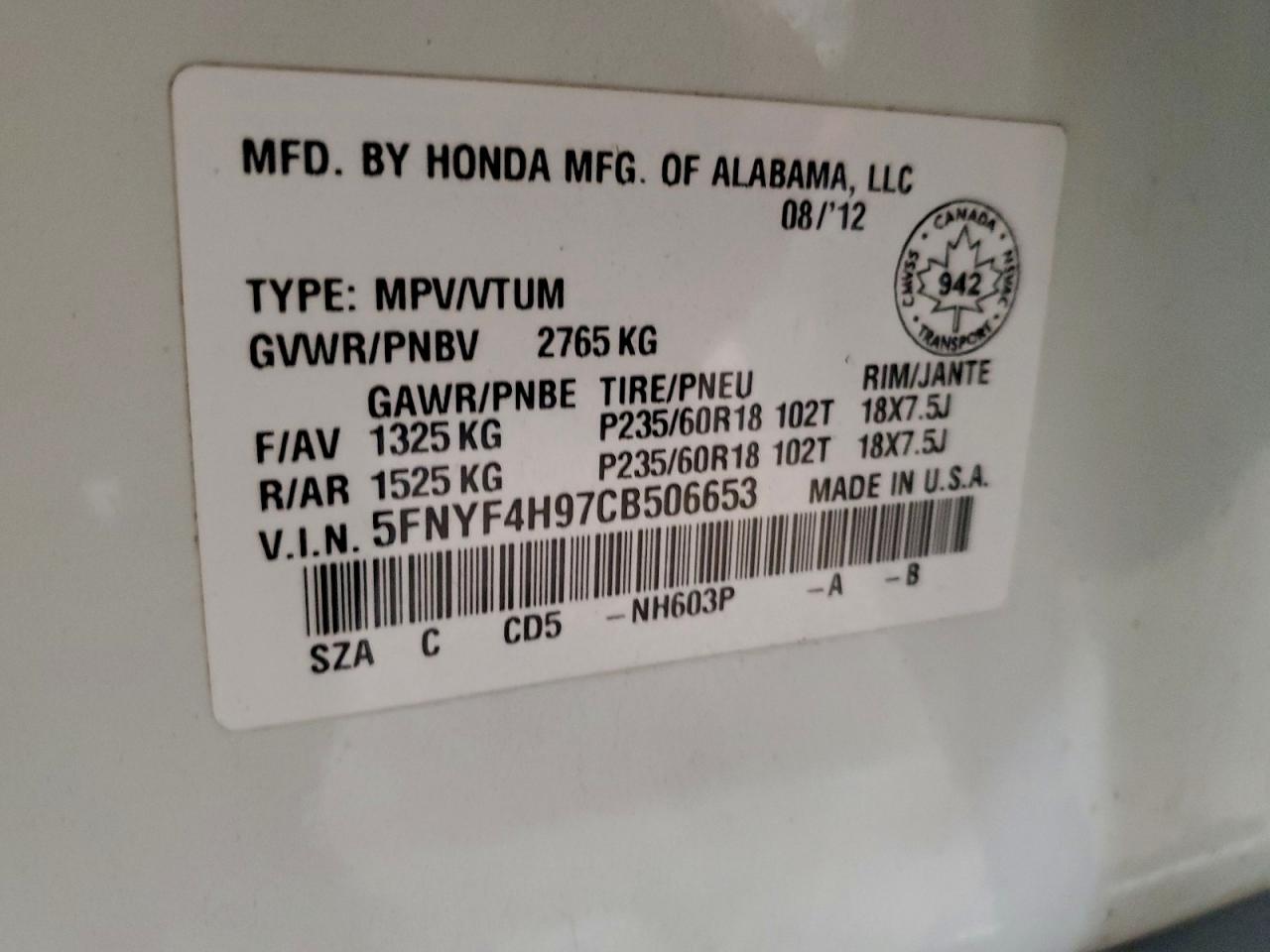 2012 Honda Pilot Touring VIN: 5FNYF4H97CB506653 Lot: 94961865