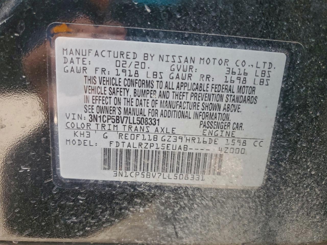 2020 Nissan Kicks S VIN: 3N1CP5BV7LL508331 Lot: 94168005