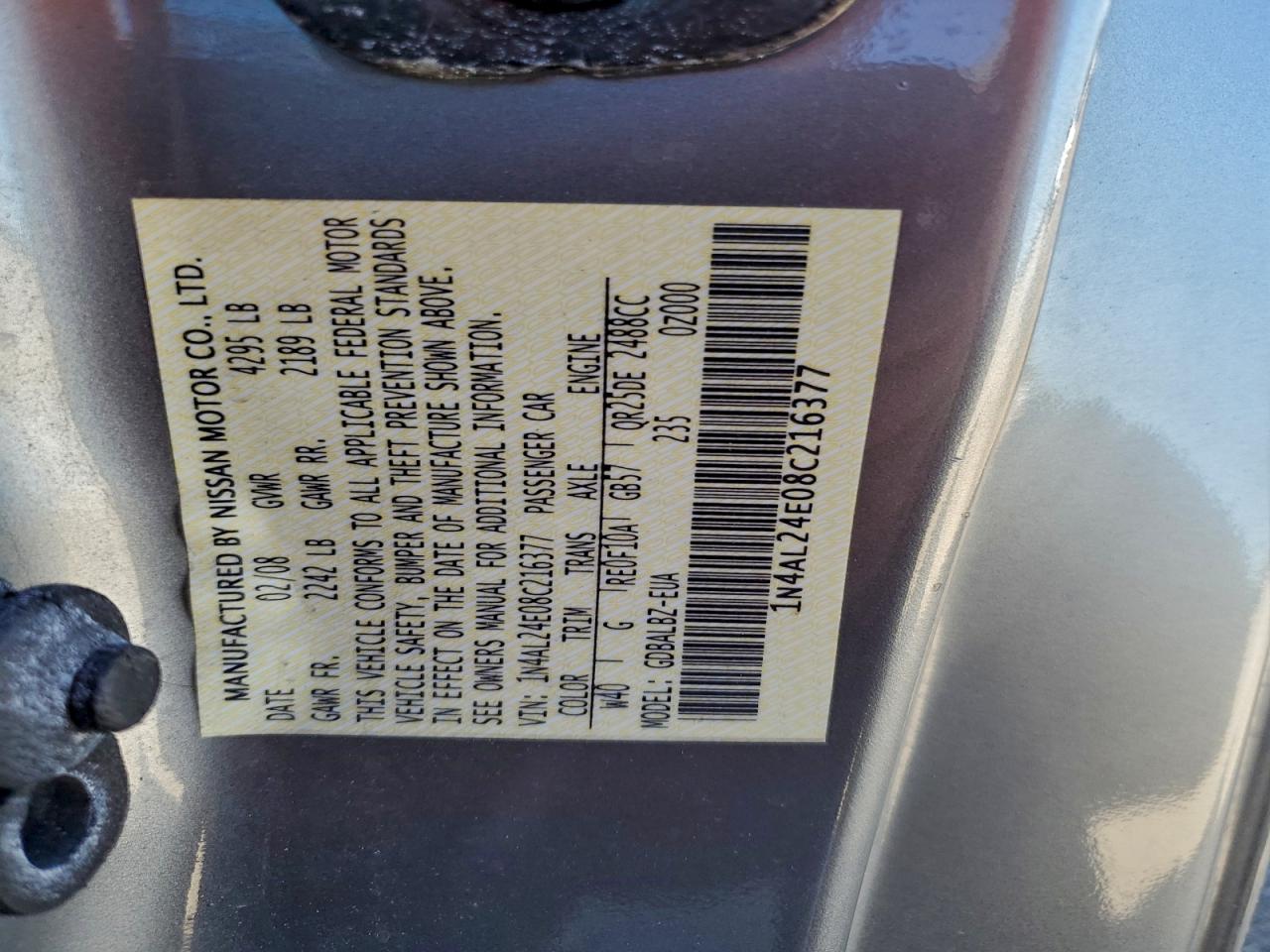 2008 Nissan Altima 2.5S VIN: 1N4AL24E08C216377 Lot: 93524055