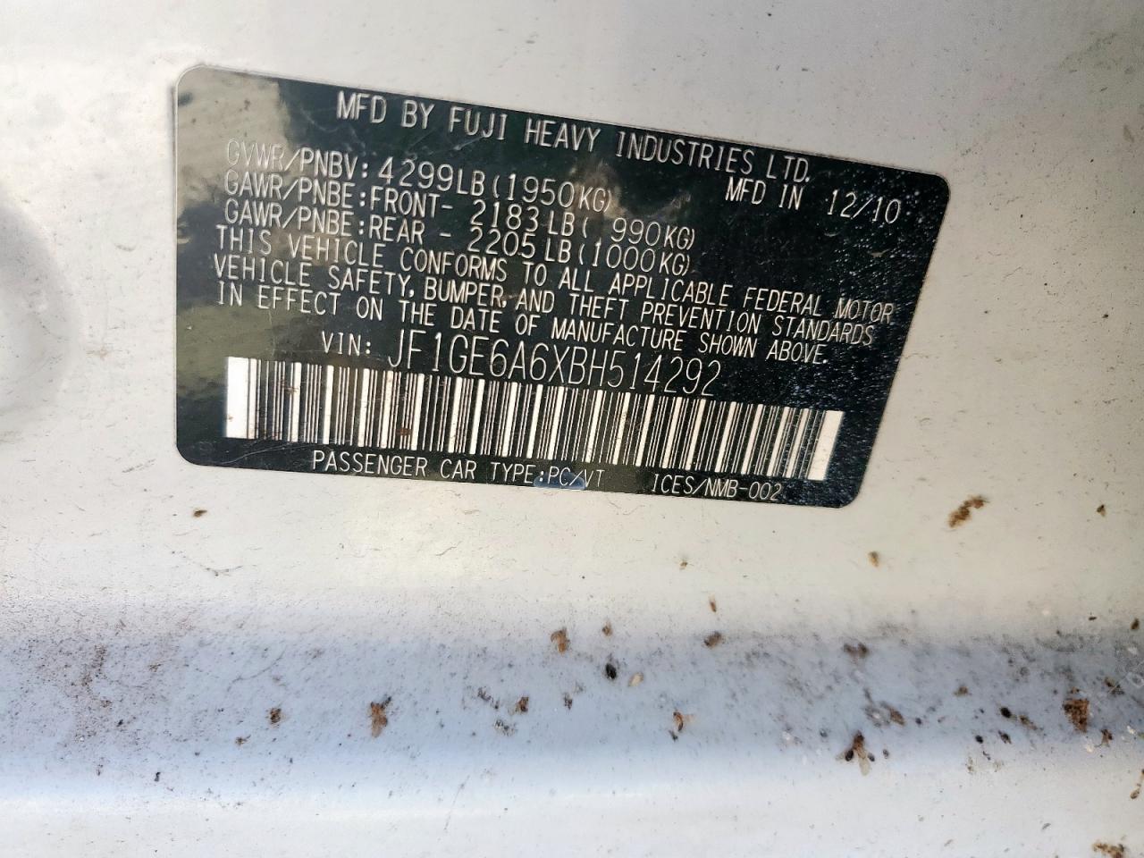 2011 Subaru Impreza 2.5I VIN: JF1GE6A6XBH514292 Lot: 91269745