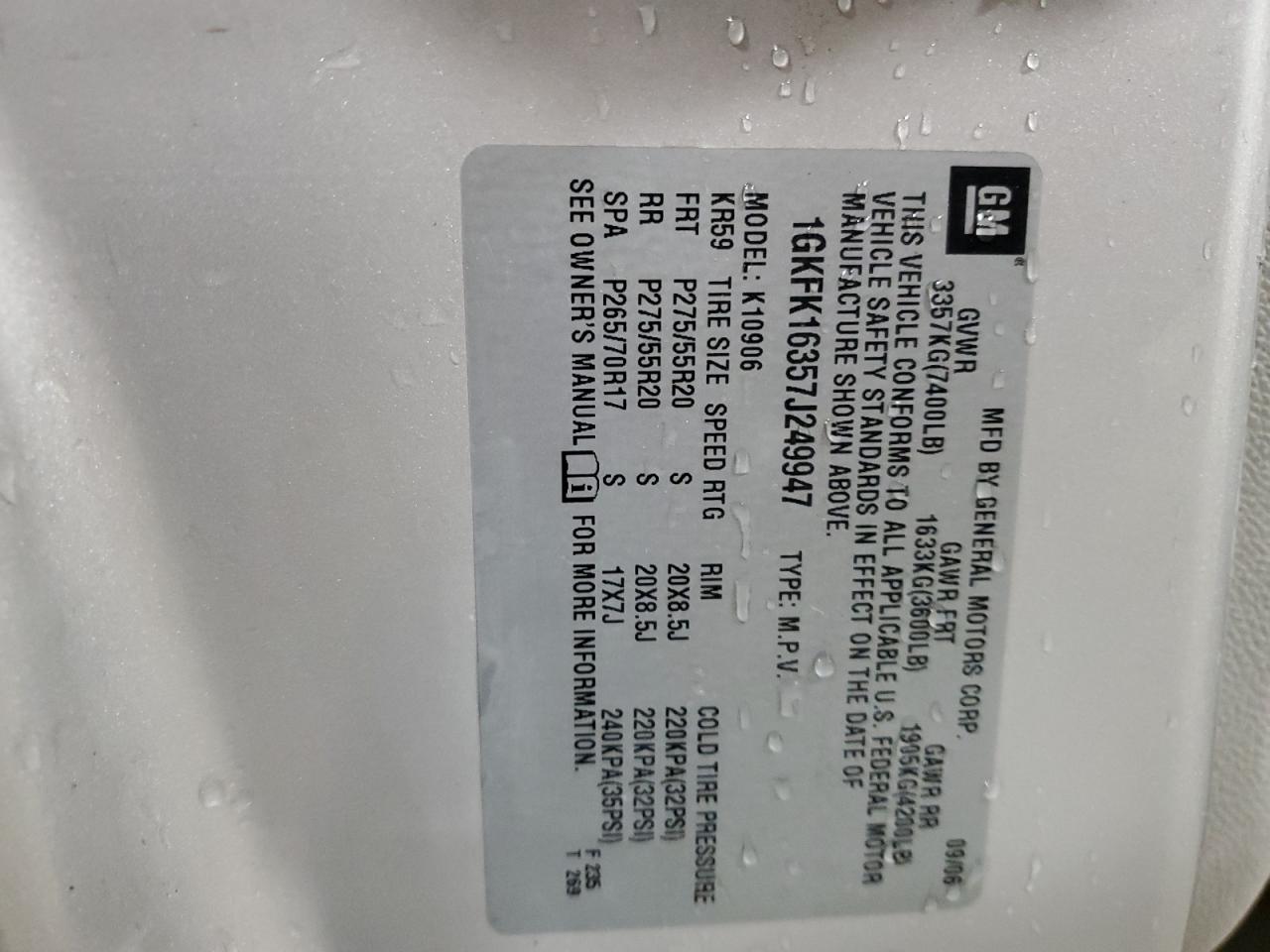 2007 GMC Yukon Xl K1500 VIN: 1GKFK16357J249947 Lot: 91461595