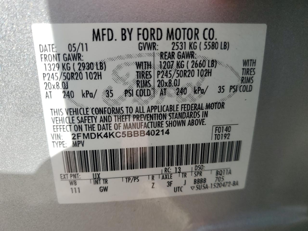 2011 Ford Edge Limited VIN: 2FMDK4KC5BBB40214 Lot: 91893945