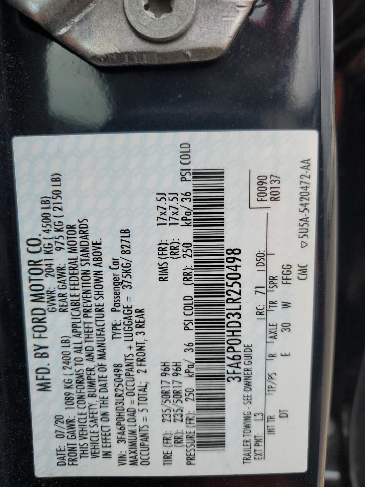 2020 Ford Fusion Se VIN: 3FA6P0HD3LR250498 Lot: 91303385