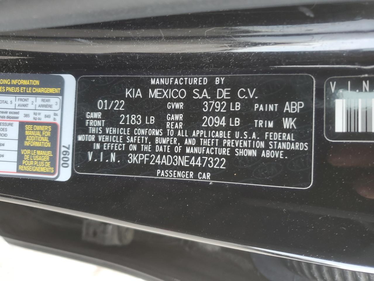 2022 Kia Forte Fe VIN: 3KPF24AD3NE447322 Lot: 92319005