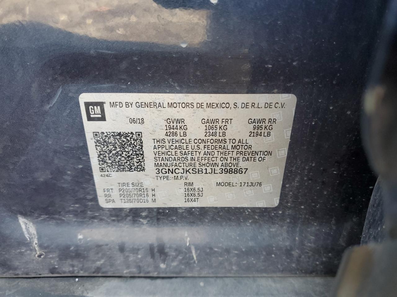 2018 Chevrolet Trax Ls VIN: 3GNCJKSB1JL398867 Lot: 92276135