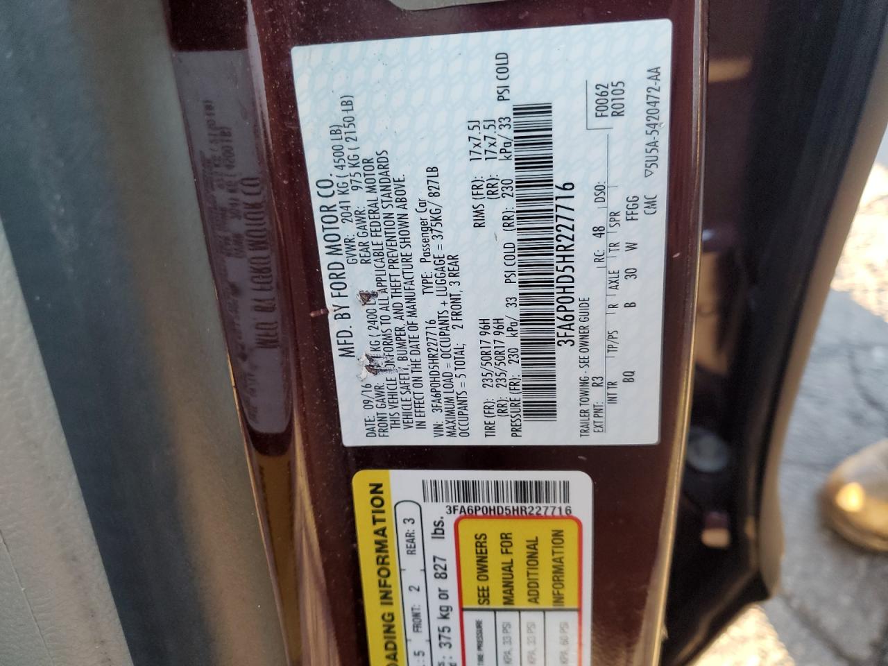 2017 Ford Fusion Se VIN: 3FA6P0HD5HR227716 Lot: 92651845