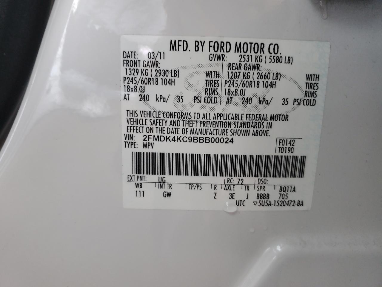 2011 Ford Edge Limited VIN: 2FMDK4KC9BBB00024 Lot: 92429835