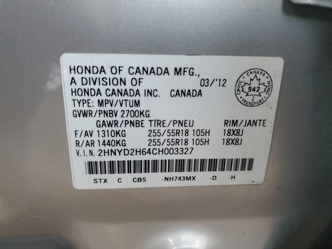 2012 Acura Mdx Advance VIN: 2HNYD2H64CH003327 Lot: 91879475