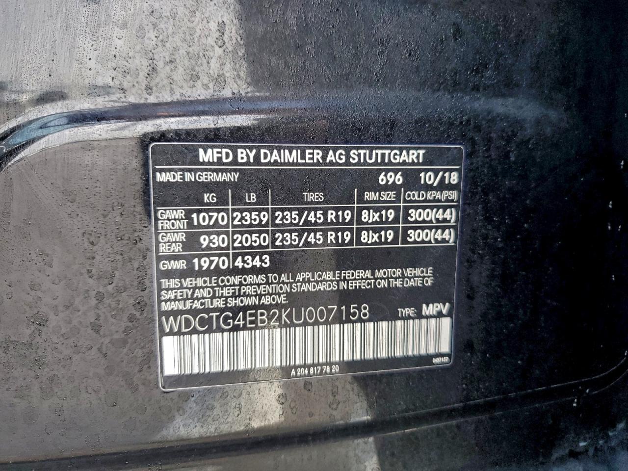 2019 Mercedes-Benz B Gla 250 VIN: WDCTG4EB2KU007158 Lot: 93614945