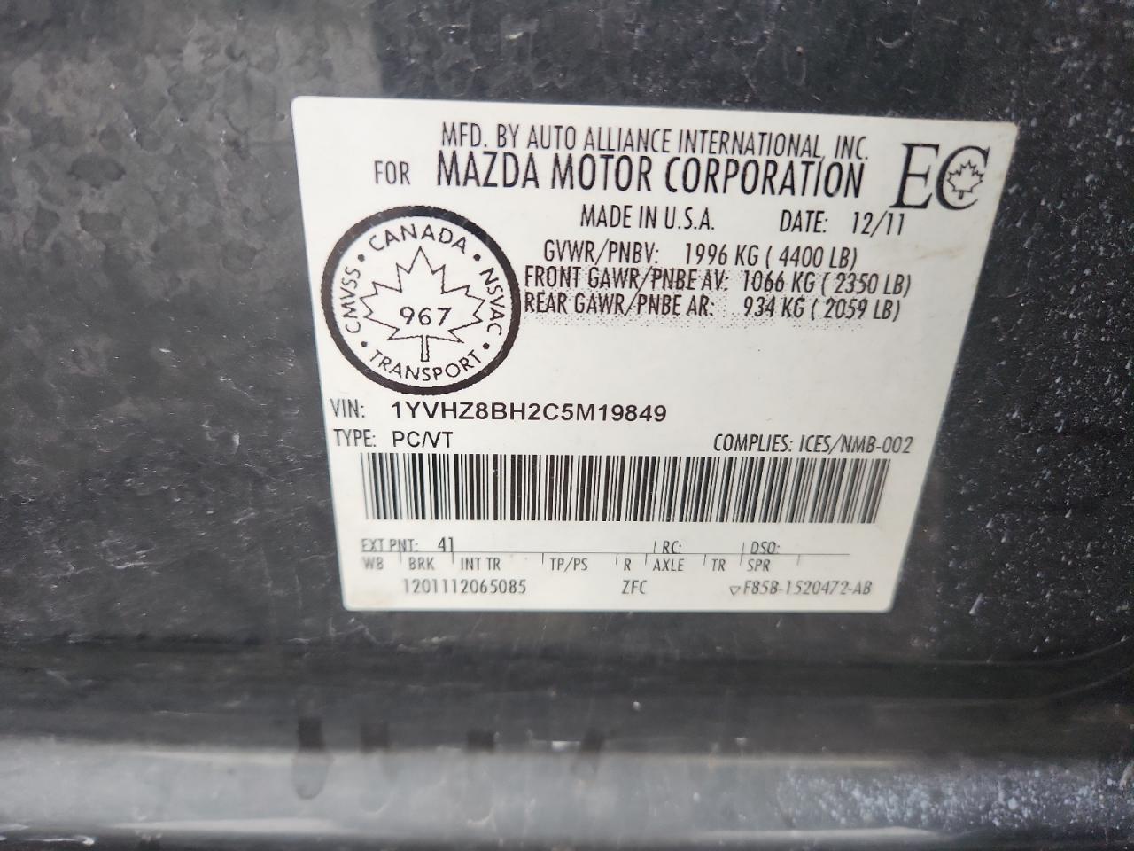 2012 Mazda 6 I VIN: 1YVHZ8BH2C5M19849 Lot: 93738605