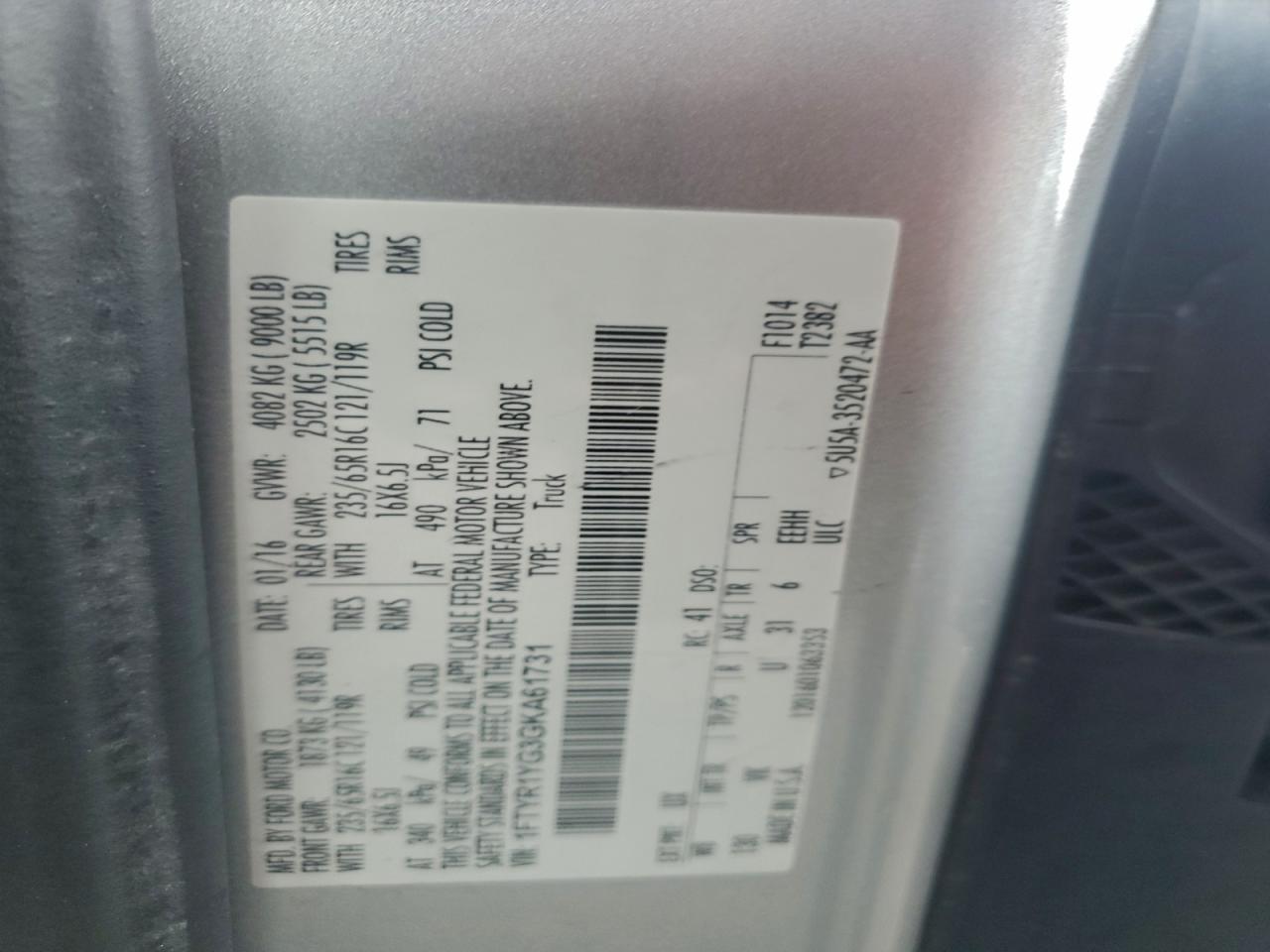 2016 Ford Transit T-250 VIN: 1FTYR1YG3GKA61731 Lot: 94449245