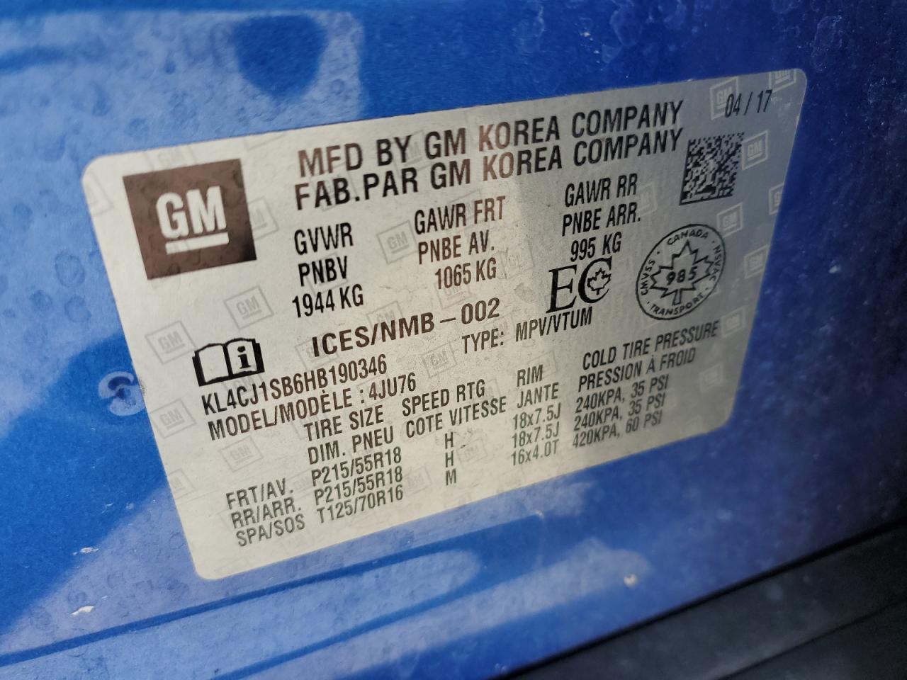 2017 Buick Encore Sport Touring VIN: KL4CJ1SB6HB190346 Lot: 93004385