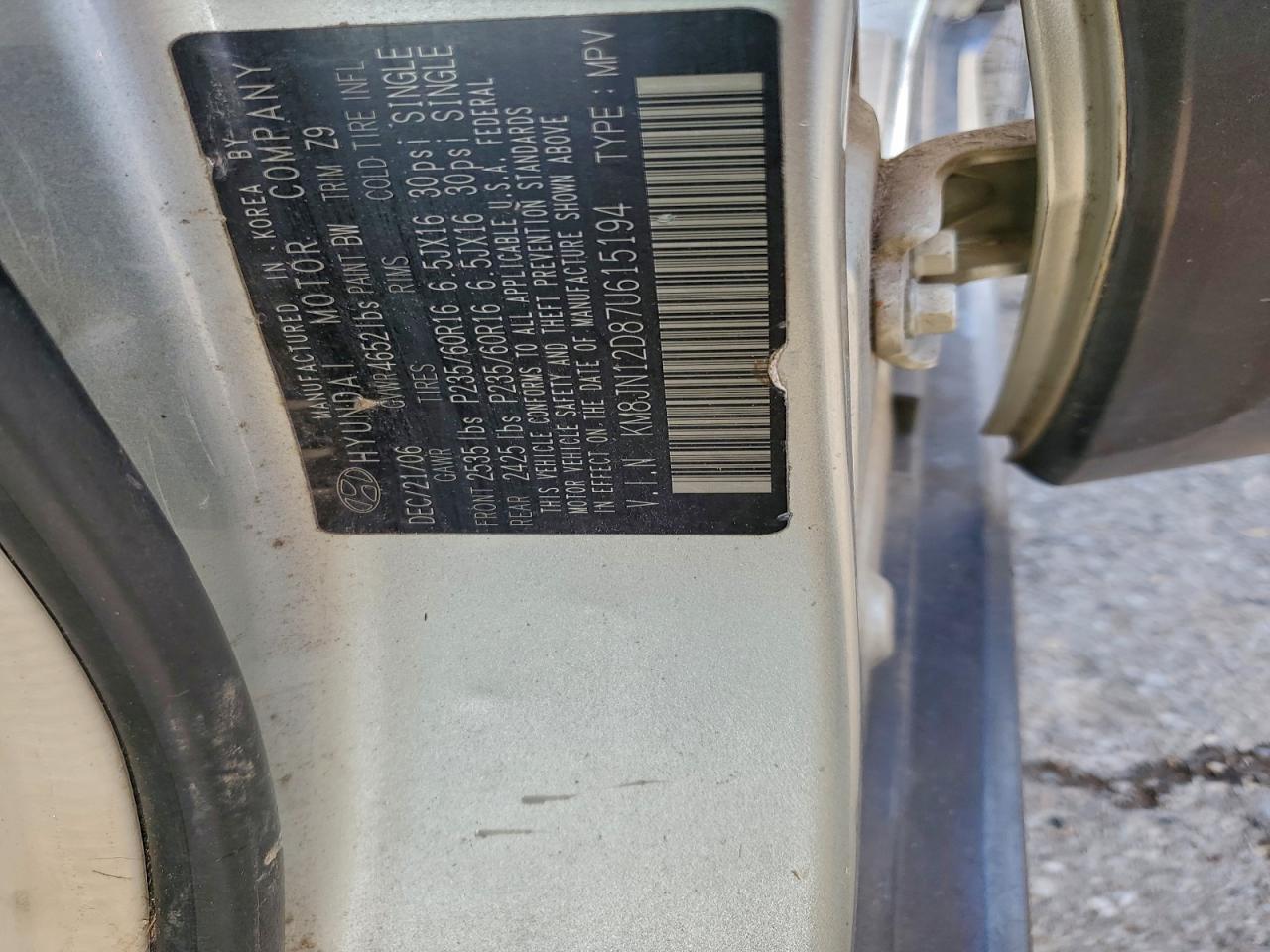 2007 Hyundai Tucson Se VIN: KM8JN12D87U615194 Lot: 93890805