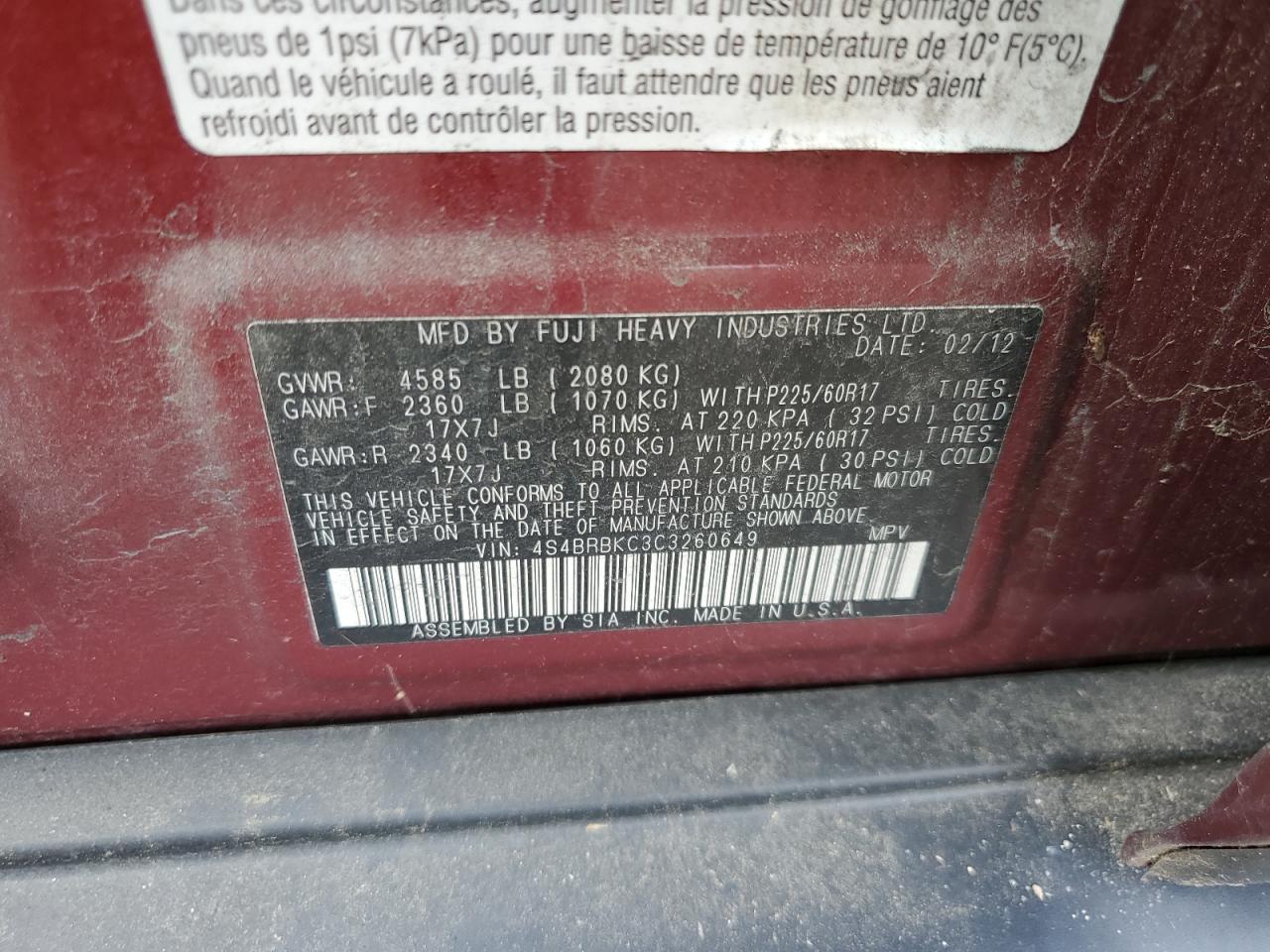 2012 Subaru Outback 2.5I Limited VIN: 4S4BRBKC3C3260649 Lot: 92859285