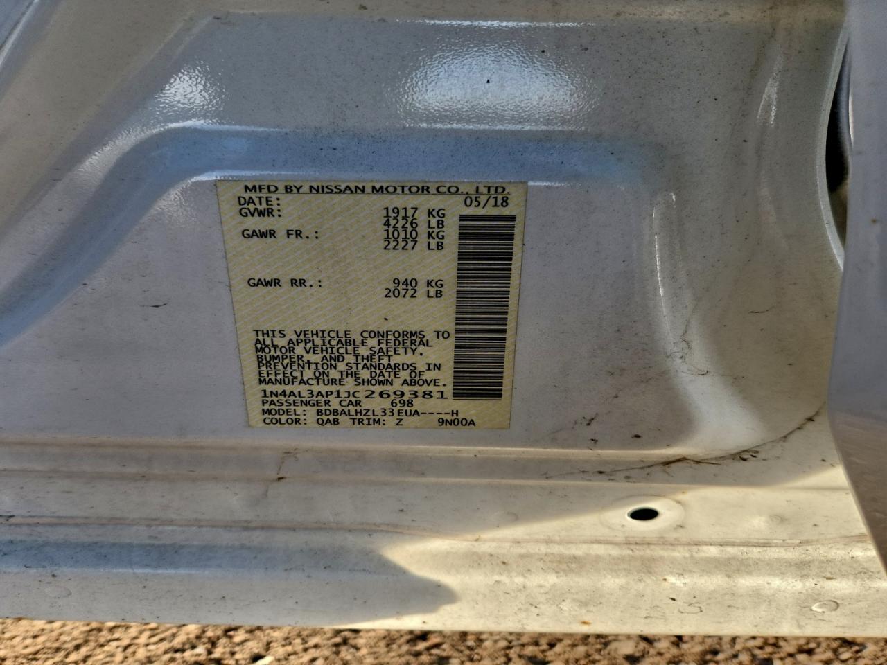 2018 Nissan Altima 2.5 VIN: 1N4AL3AP1JC269381 Lot: 94509445