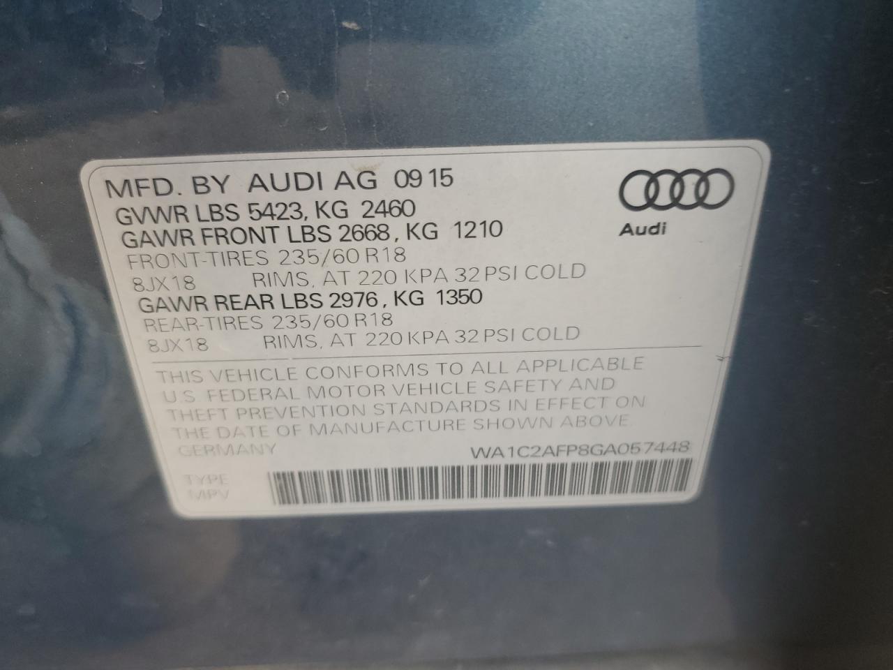 2016 Audi Q5 Premium VIN: WA1C2AFP8GA057448 Lot: 91416675