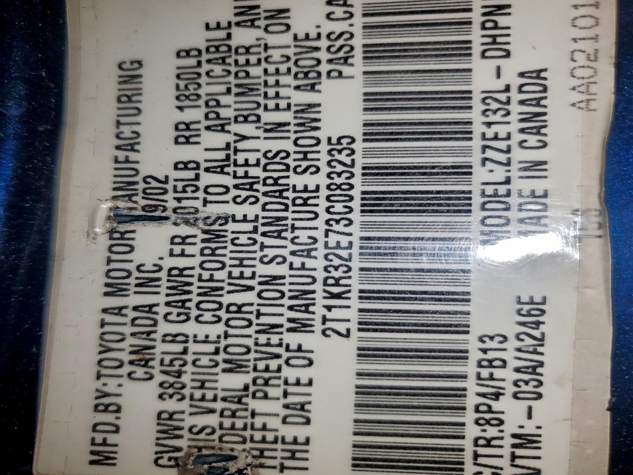 2003 Toyota Corolla Ma VIN: 083235 Lot: 95113245