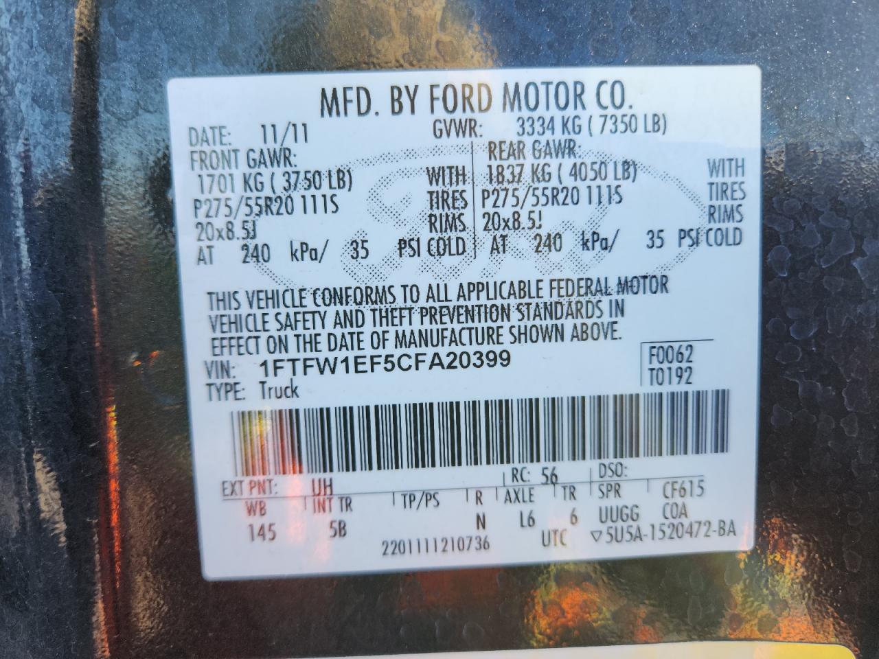 2012 Ford F150 Supercrew VIN: 1FTFW1EF5CFA20399 Lot: 92857035