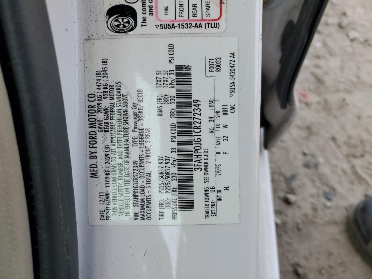 2012 Ford Fusion Sel VIN: 3FAHP0JG1CR272349 Lot: 91961385