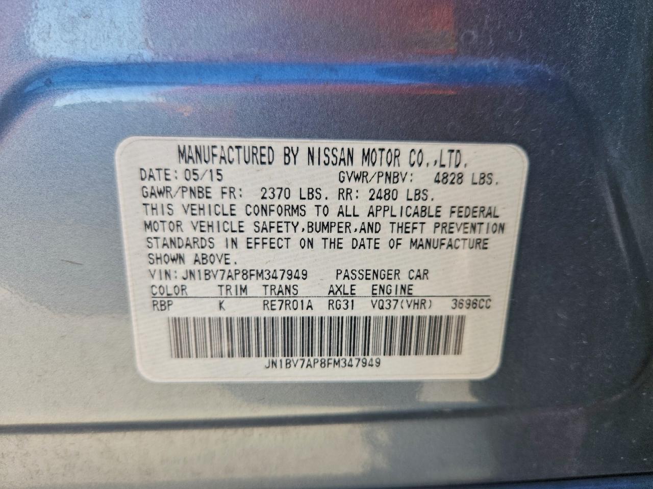 2015 Infiniti Q50 Base VIN: JN1BV7AP8FM347949 Lot: 93860215