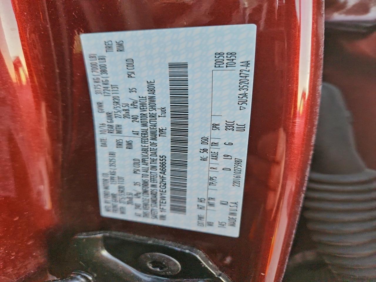 2017 Ford F150 Supercrew VIN: 1FTEW1EG2HFA66655 Lot: 93957155