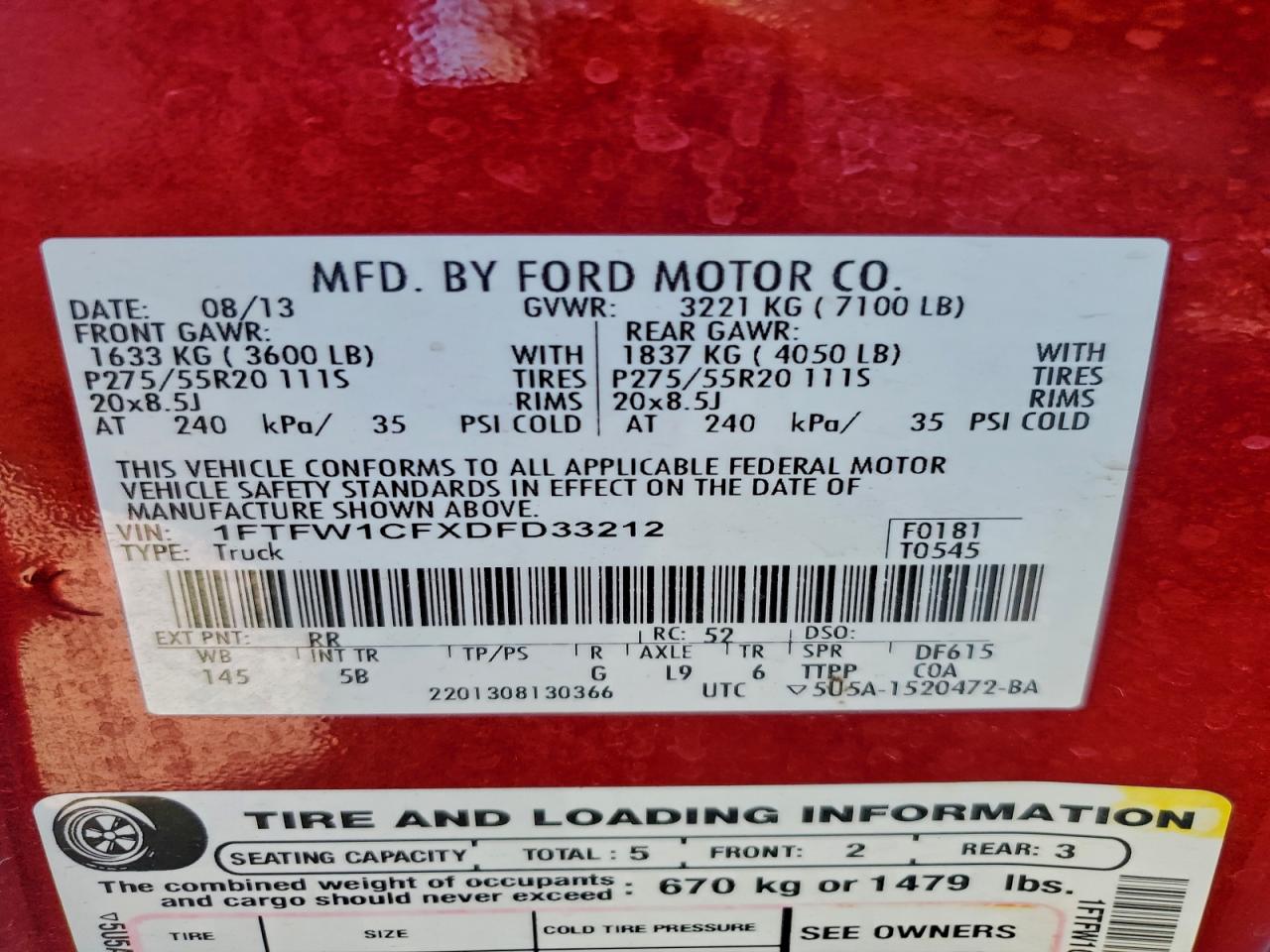 2013 Ford F150 Supercrew VIN: 1FTFW1CFXDFD33212 Lot: 94371265