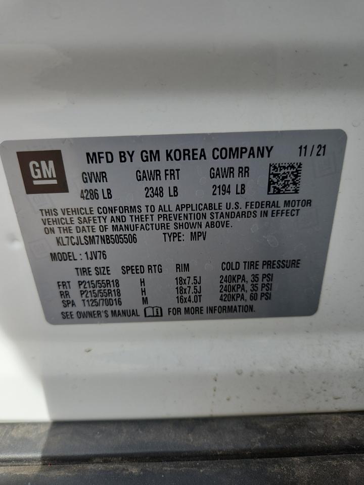 2022 Chevrolet Trax 1Lt VIN: KL7CJLSM7NB505506 Lot: 92289955