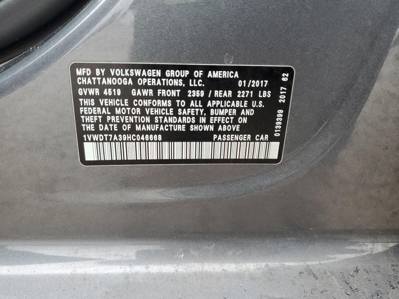 2017 Volkswagen Passat R-Line VIN: 1VWDT7A39HC046668 Lot: 92395605