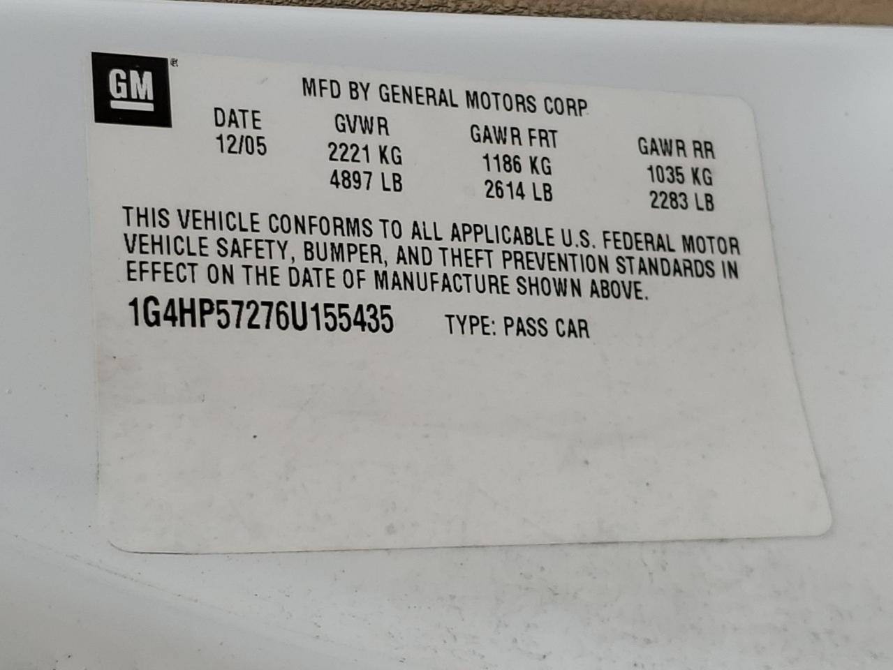 2006 Buick Lucerne Cx VIN: 1G4HP57276U155435 Lot: 92711495