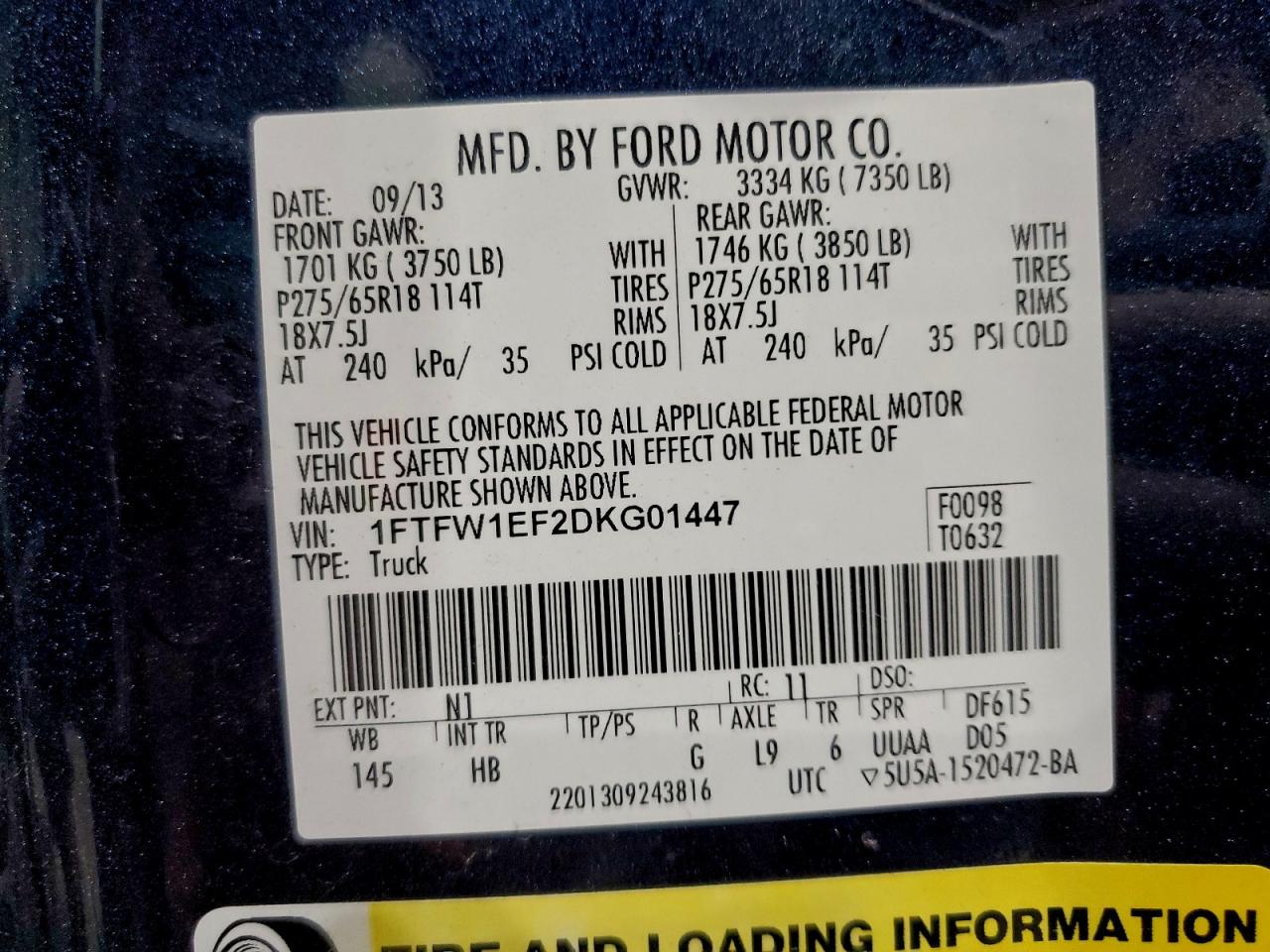 2013 Ford F150 Supercrew VIN: 1FTFW1EF2DKG01447 Lot: 93270865