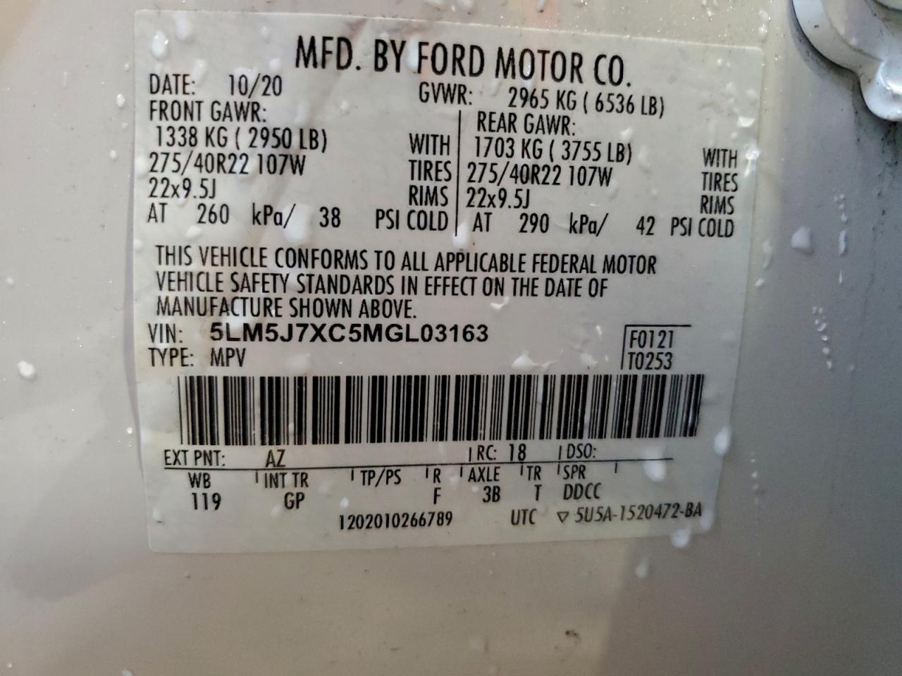 2021 Lincoln Aviator Reserve VIN: 5LM5J7XC5MGL03163 Lot: 93642565