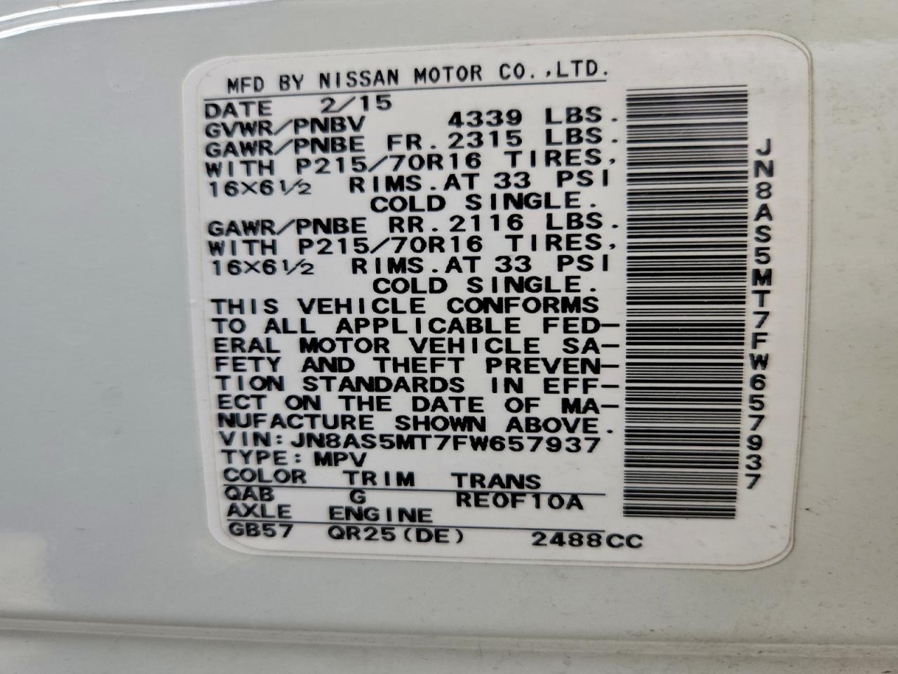 2015 Nissan Rogue Select S VIN: JN8AS5MT7FW657937 Lot: 94383405