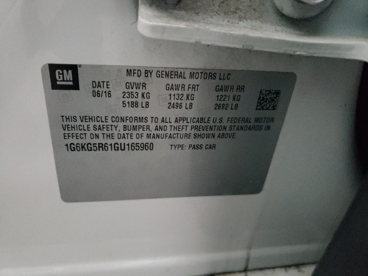 2016 Cadillac Ct6 Premium VIN: 1G6KG5R61GU165960 Lot: 93124045