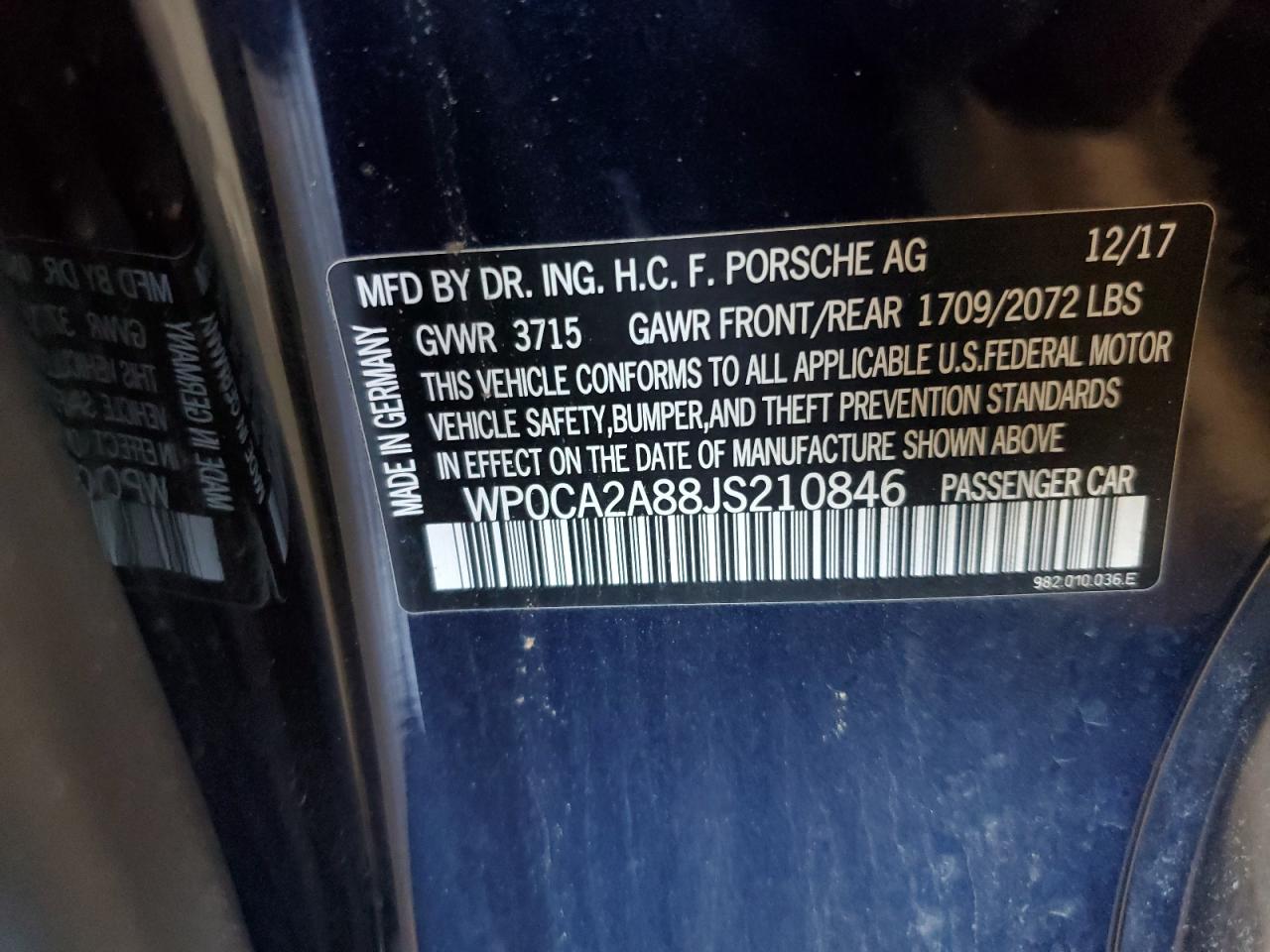 2018 Porsche Boxster VIN: WP0CA2A88JS210846 Lot: 91478745