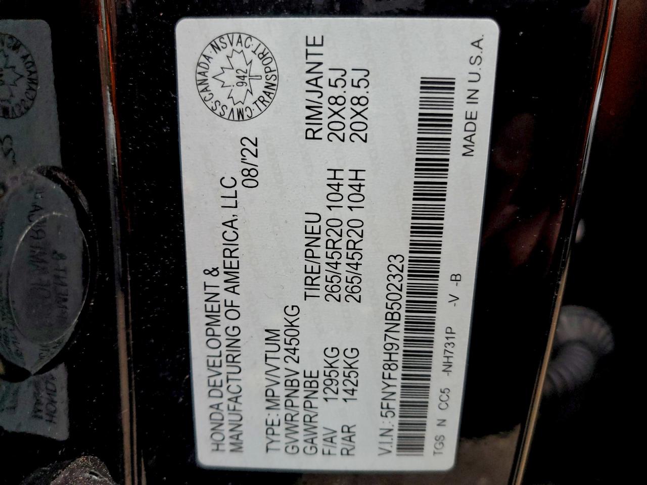 2022 Honda Passport Touring VIN: 5FNYF8H97NB502323 Lot: 89858855