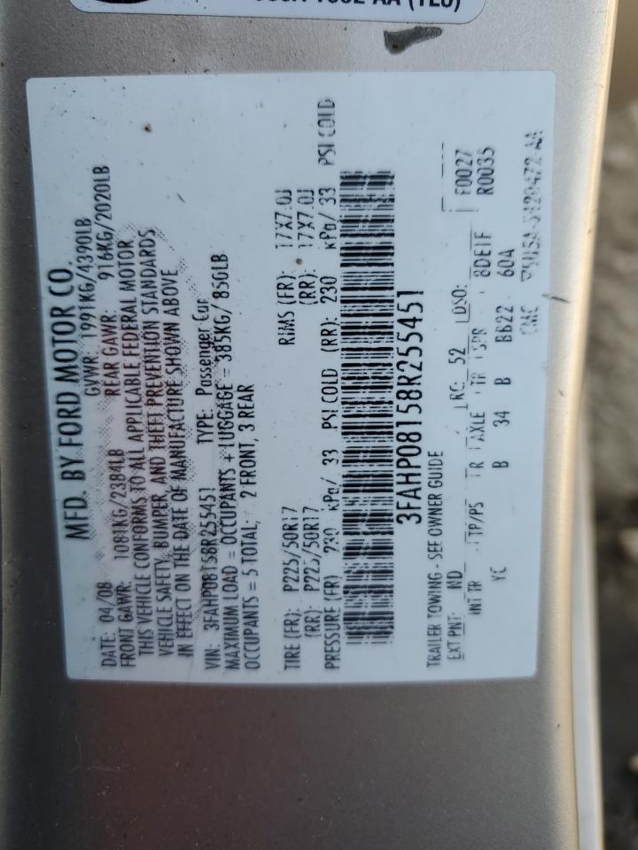 2008 Ford Fusion Sel VIN: 3FAHP08158R255451 Lot: 92931335