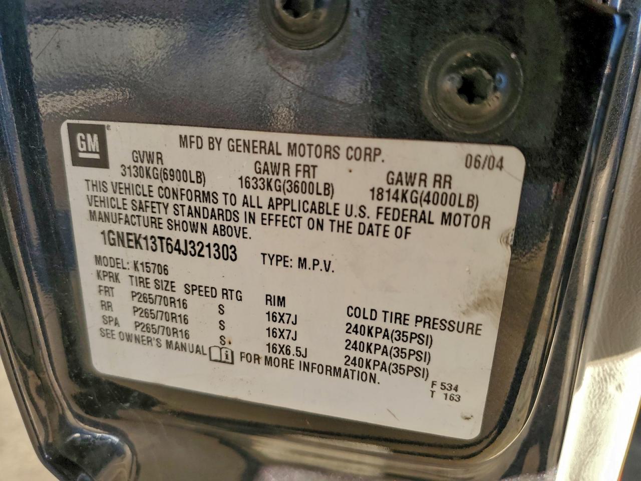 2004 Chevrolet Tahoe K1500 VIN: 1GNEK13T64J321303 Lot: 94156995