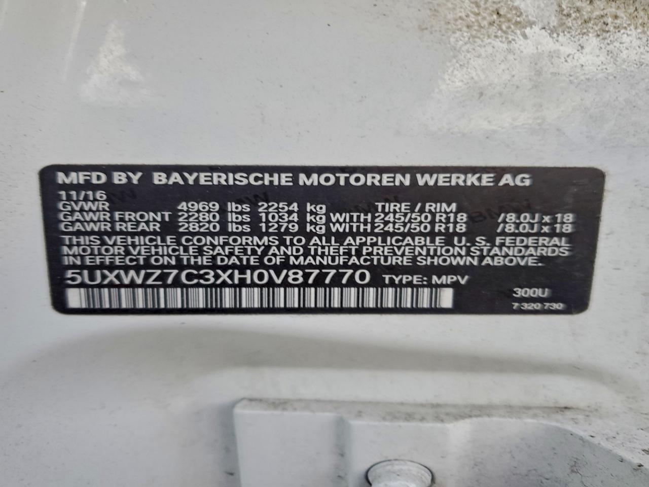 2017 BMW X3 Sdrive28I VIN: 5UXWZ7C3XH0V87770 Lot: 93097325